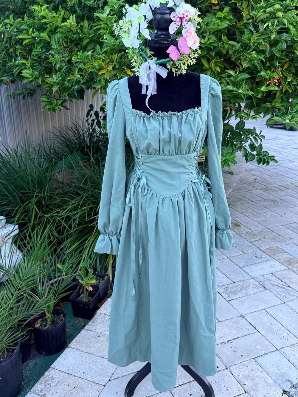 SHEIN Sage Green Long Sleeve Corset Midi Dress